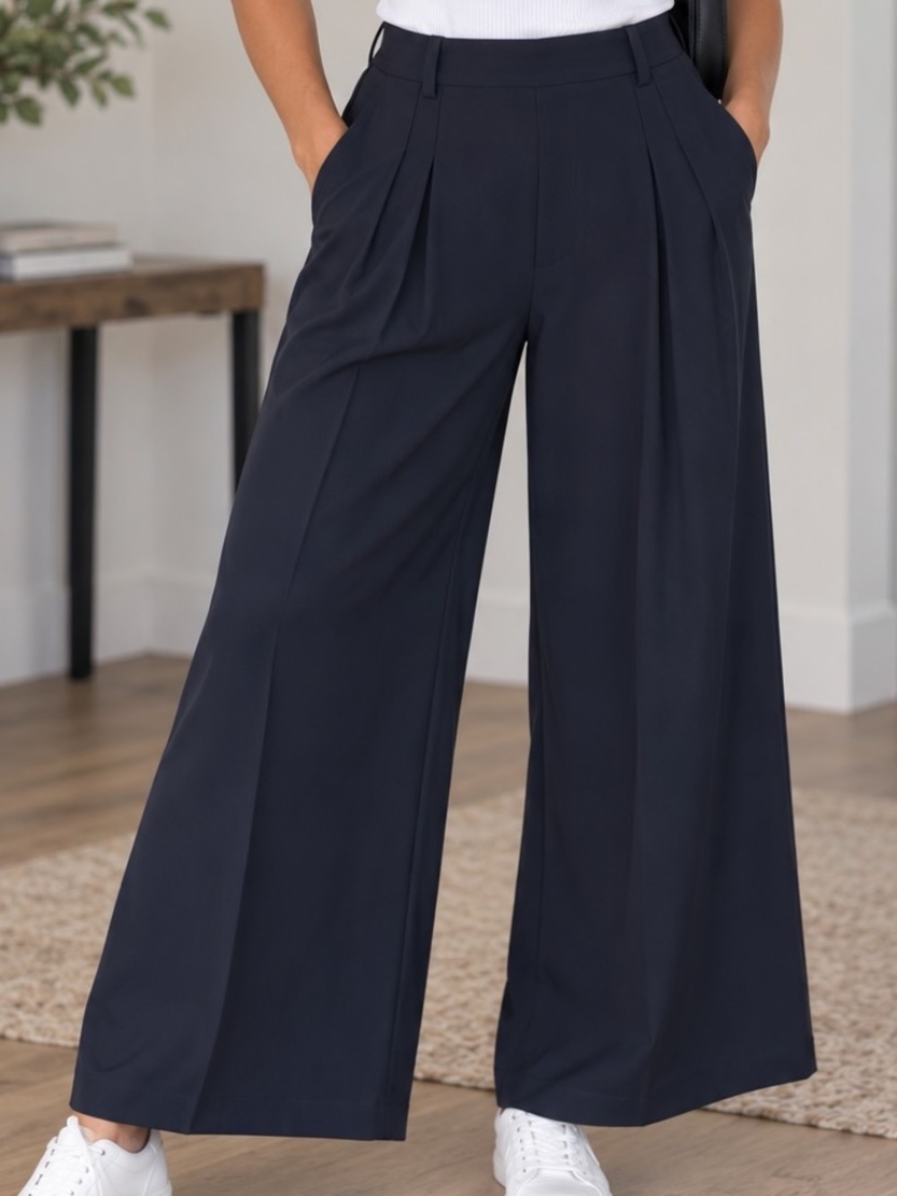 Pretty Garden Wide Leg Pants Womens Size Large Navy Blue Old Money Lightweight